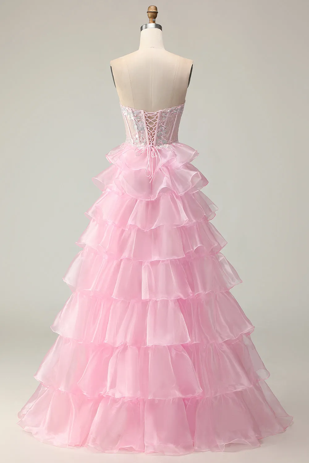 Princess Pink Sweetheart Corset Tiered Sequins Long Prom Dress with Lace Up Back sold by Zapaka product image thumbnail 2