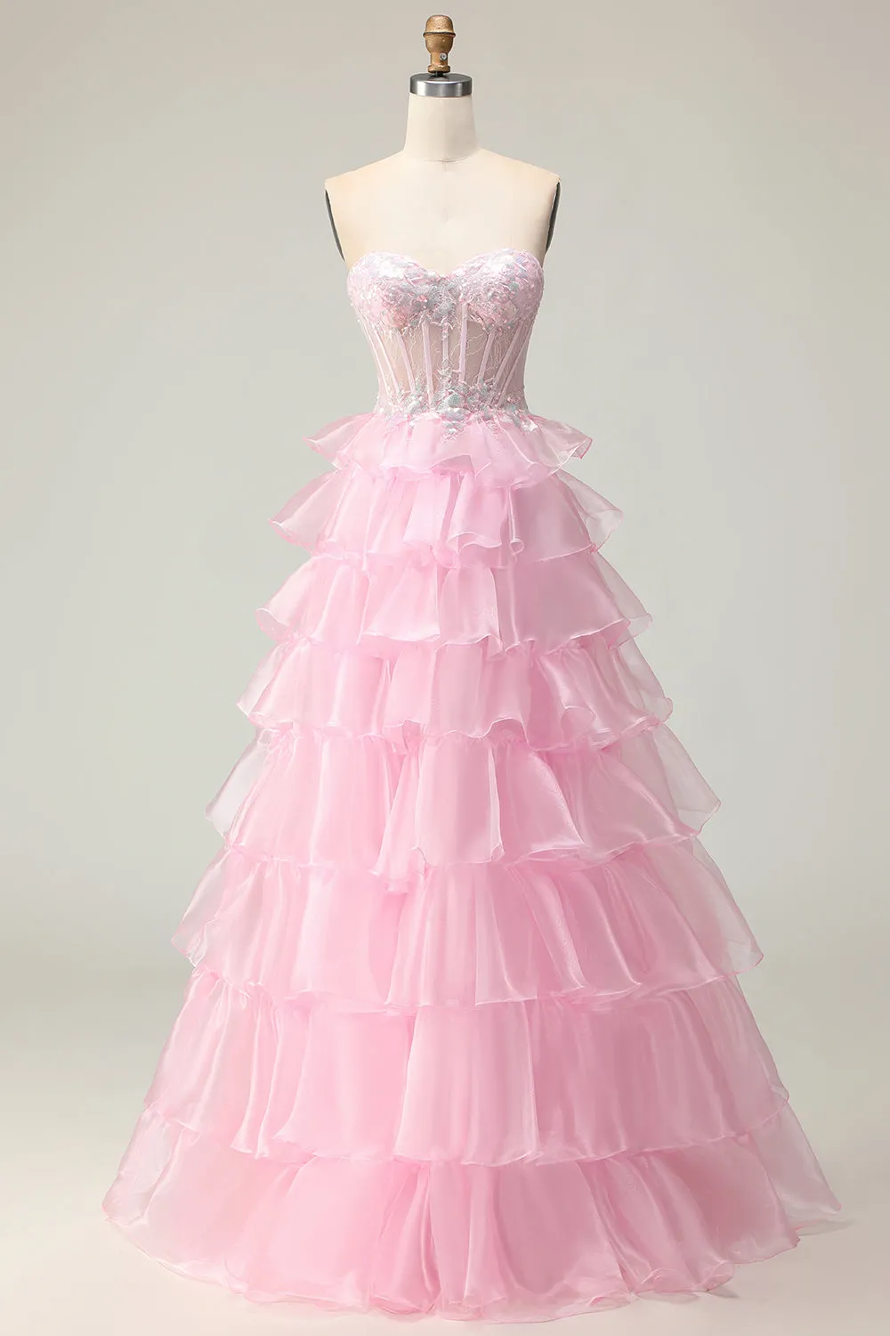 Princess Pink Sweetheart Corset Tiered Sequins Long Prom Dress with Lace Up Back sold by Zapaka