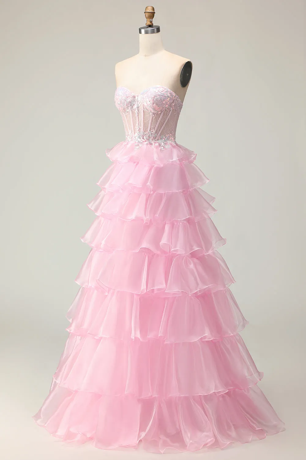 Princess Pink Sweetheart Corset Tiered Sequins Long Prom Dress with Lace Up Back sold by Zapaka product image thumbnail 3