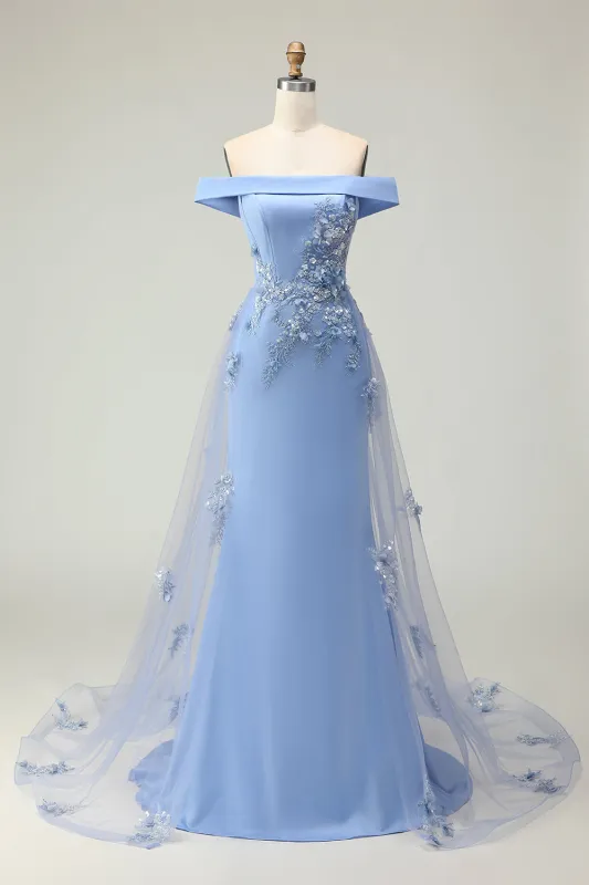 Off the Shoulder Grey Blue Mermaid Appliqued Mother of the Bride Dress with Sequins sold by Zapaka