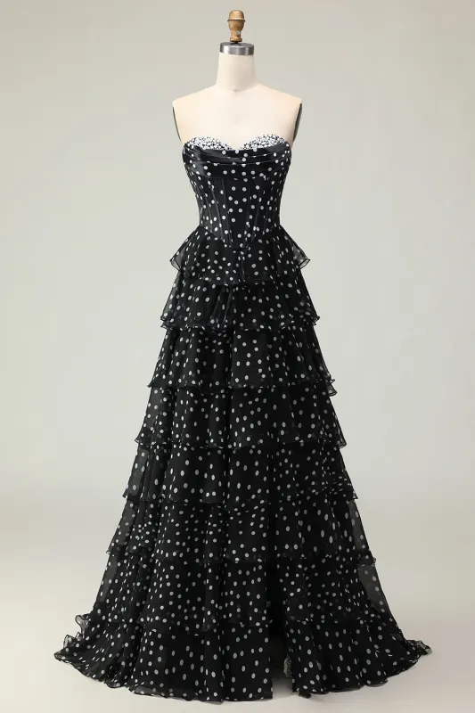 Black and White A Line Strapless Corset Tiered Long Polka Dots Prom Dress with Ruffles sold by Zapaka