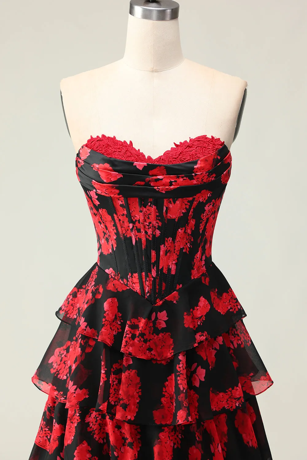 Black Red Flower A Line Sweetheart Corset Tiered Long Prom Dress with Slit sold by Zapaka product image thumbnail 4
