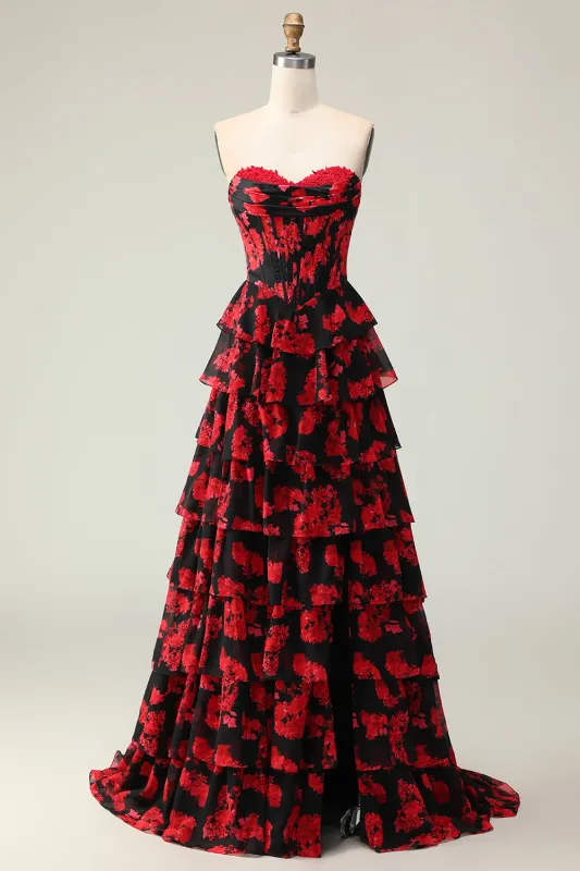 Black Red Flower A Line Sweetheart Corset Tiered Long Prom Dress with Slit sold by Zapaka