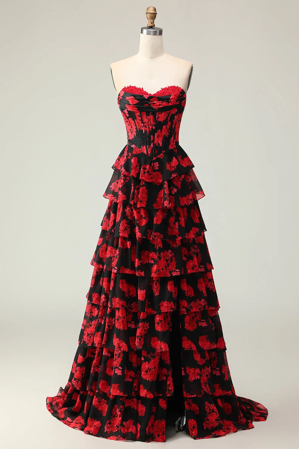 Black Red Flower A Line Sweetheart Corset Tiered Long Prom Dress with Slit sold by Zapaka