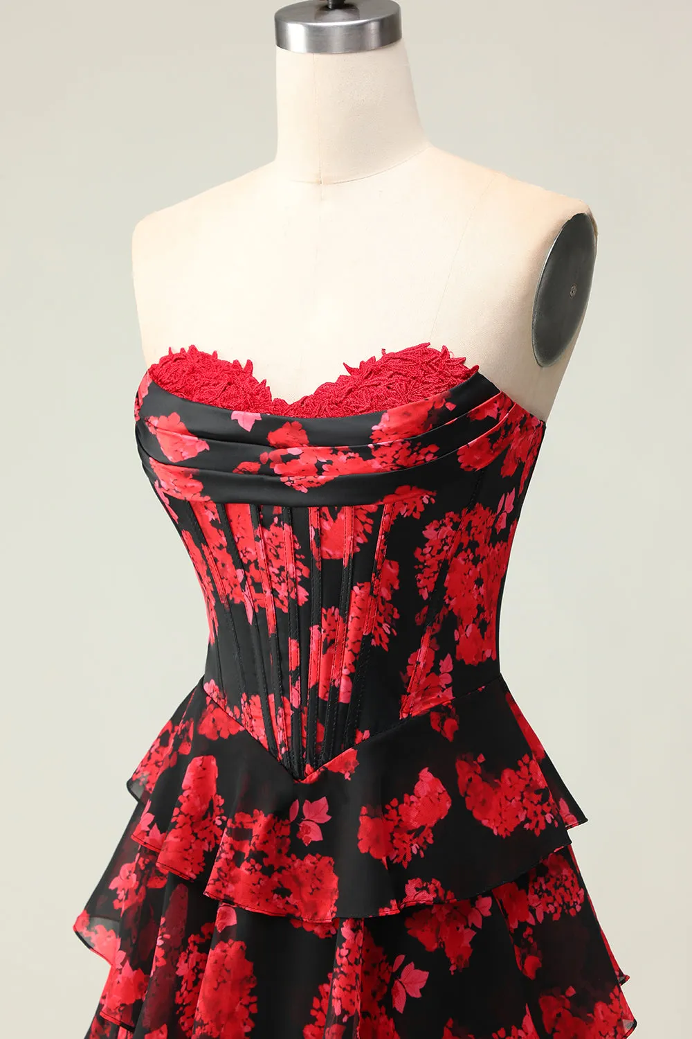 Black Red Flower A Line Sweetheart Corset Tiered Long Prom Dress with Slit sold by Zapaka product image thumbnail 5