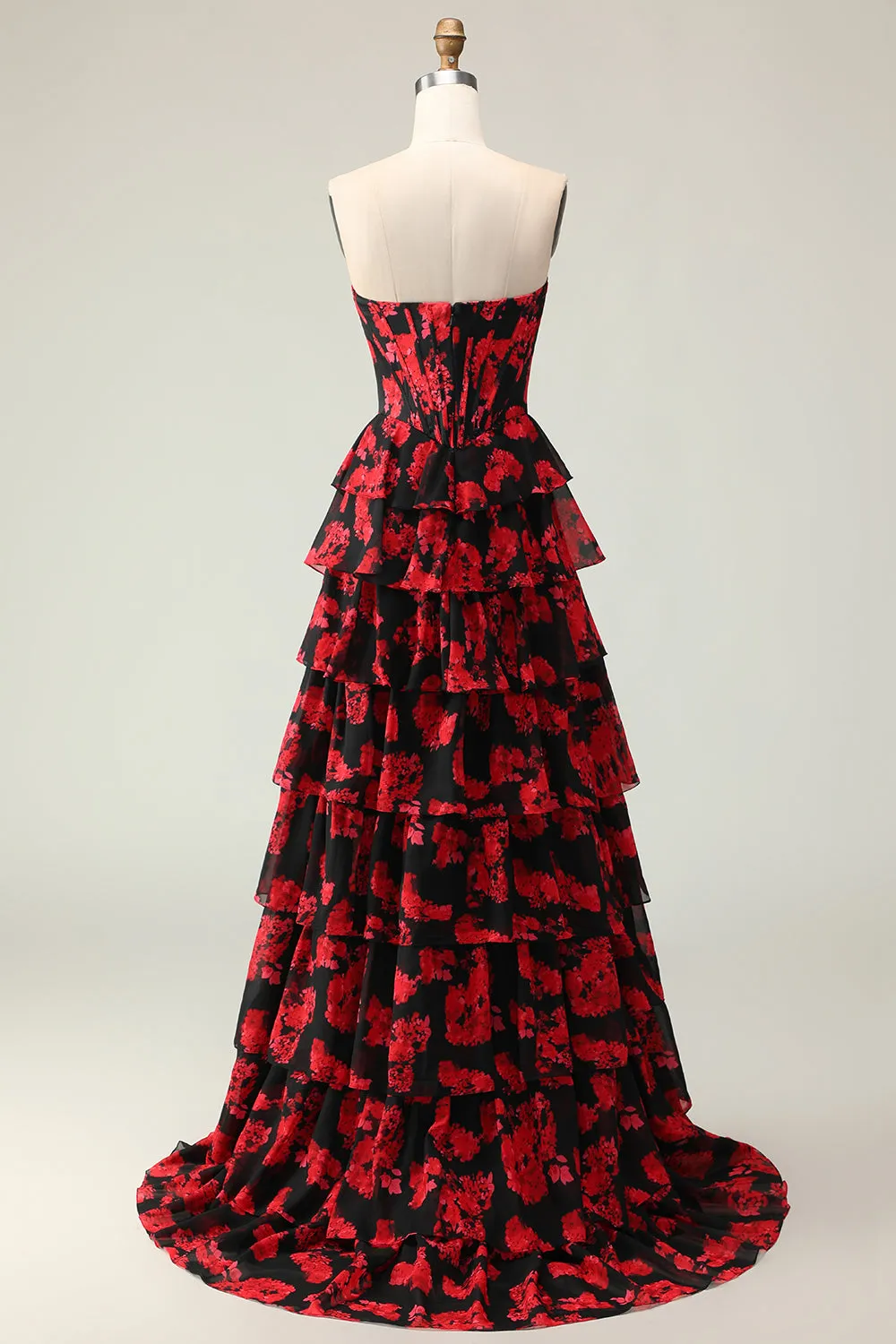 Black Red Flower A Line Sweetheart Corset Tiered Long Prom Dress with Slit sold by Zapaka product image thumbnail 2