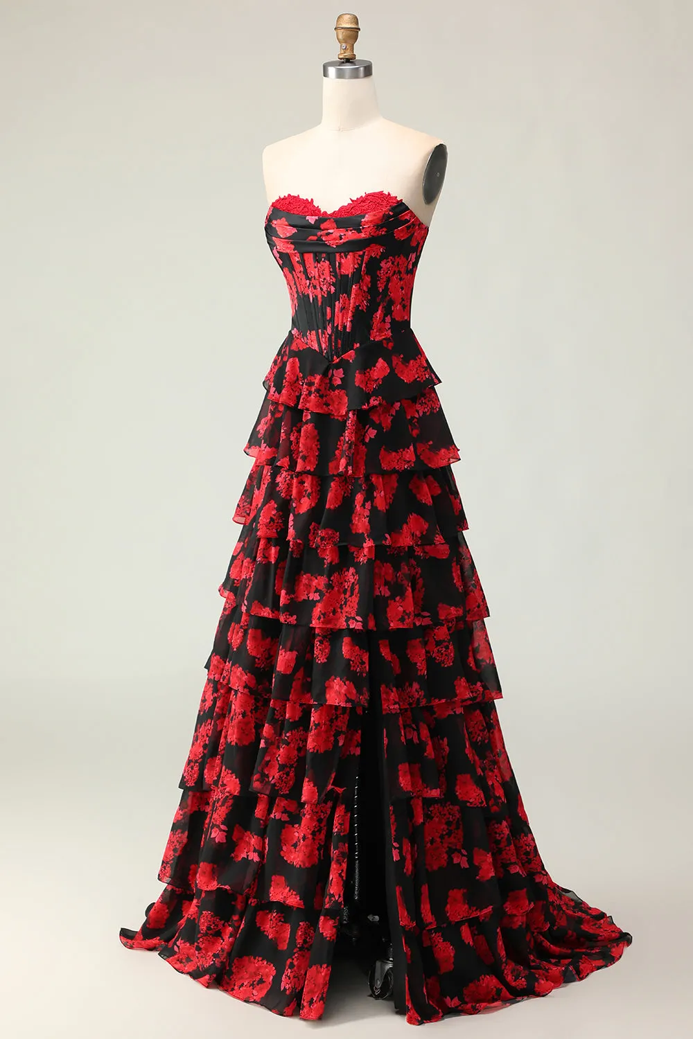 Black Red Flower A Line Sweetheart Corset Tiered Long Prom Dress with Slit sold by Zapaka product image thumbnail 3