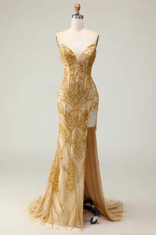 Golden Mermaid Sweetheart Beaded Long Prom Dress with Slit sold by Zapaka