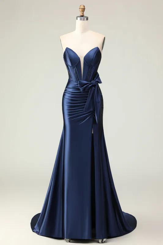 Navy Mermaid Strapless Beaded Corset Ruched Long Prom Dress with Bow sold by Zapaka