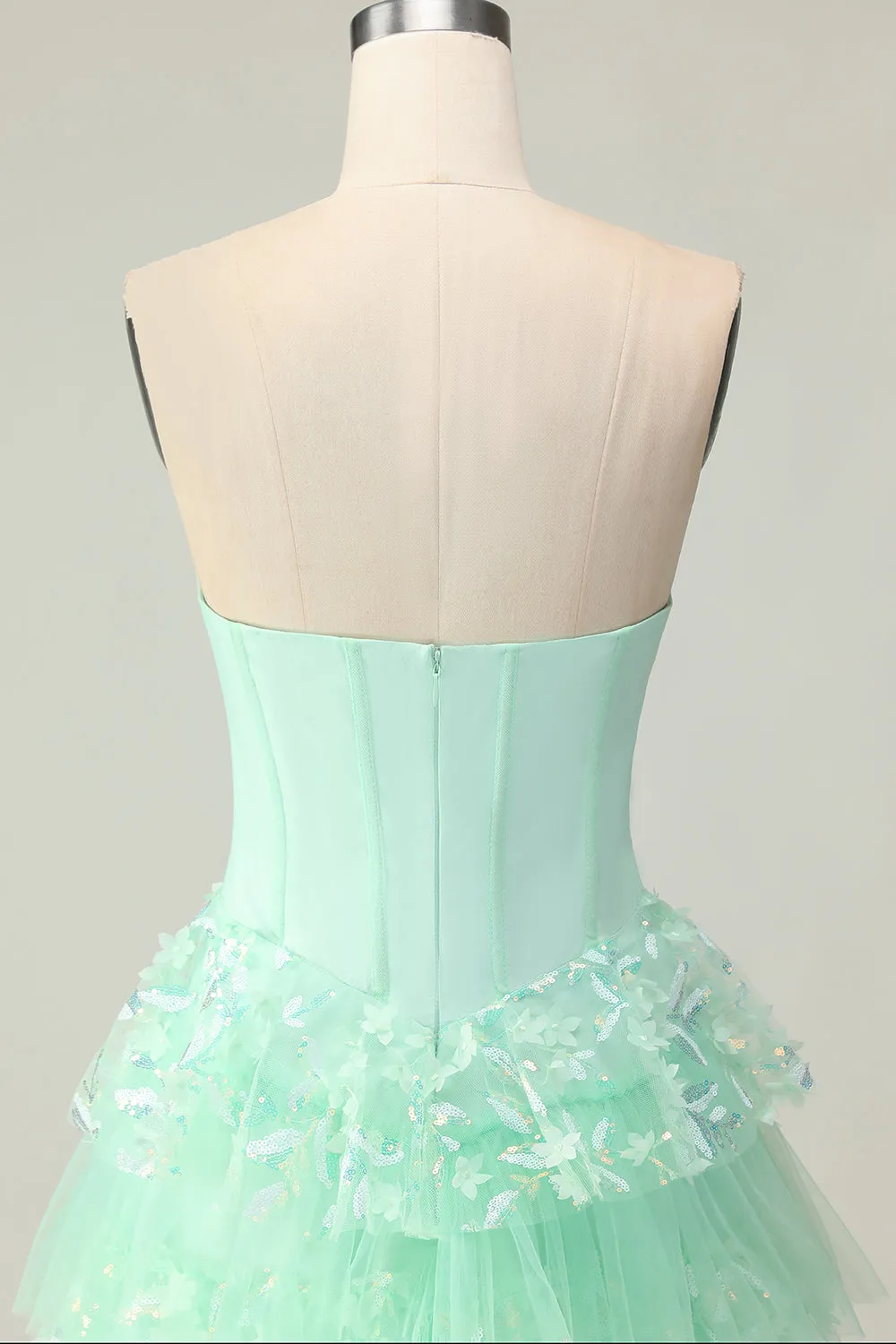 Green A Line Sweetheart Corset Tiered Ruffled Long Prom Dress with Sequins sold by Zapaka product image thumbnail 5