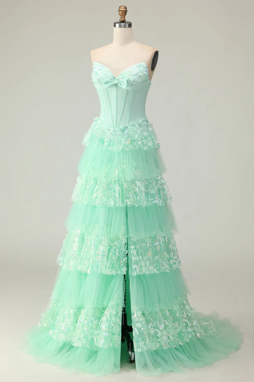 Green A Line Sweetheart Corset Tiered Ruffled Long Prom Dress with Sequins sold by Zapaka product image thumbnail 3