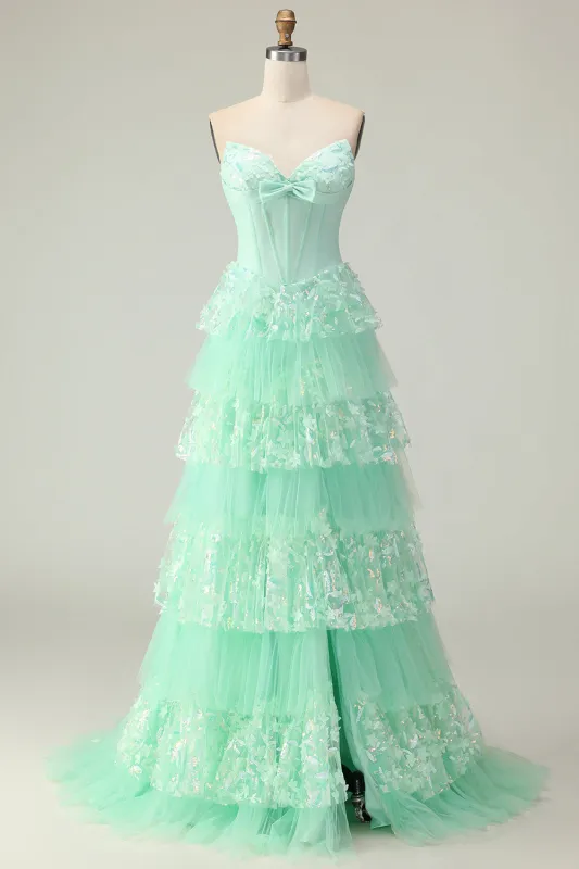 Green A Line Sweetheart Corset Tiered Ruffled Long Prom Dress with Sequins sold by Zapaka
