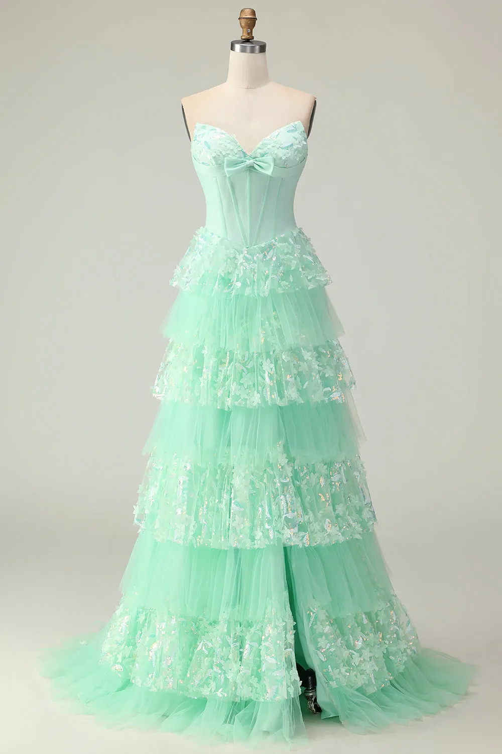 Green A Line Sweetheart Corset Tiered Ruffled Long Prom Dress with Sequins sold by Zapaka