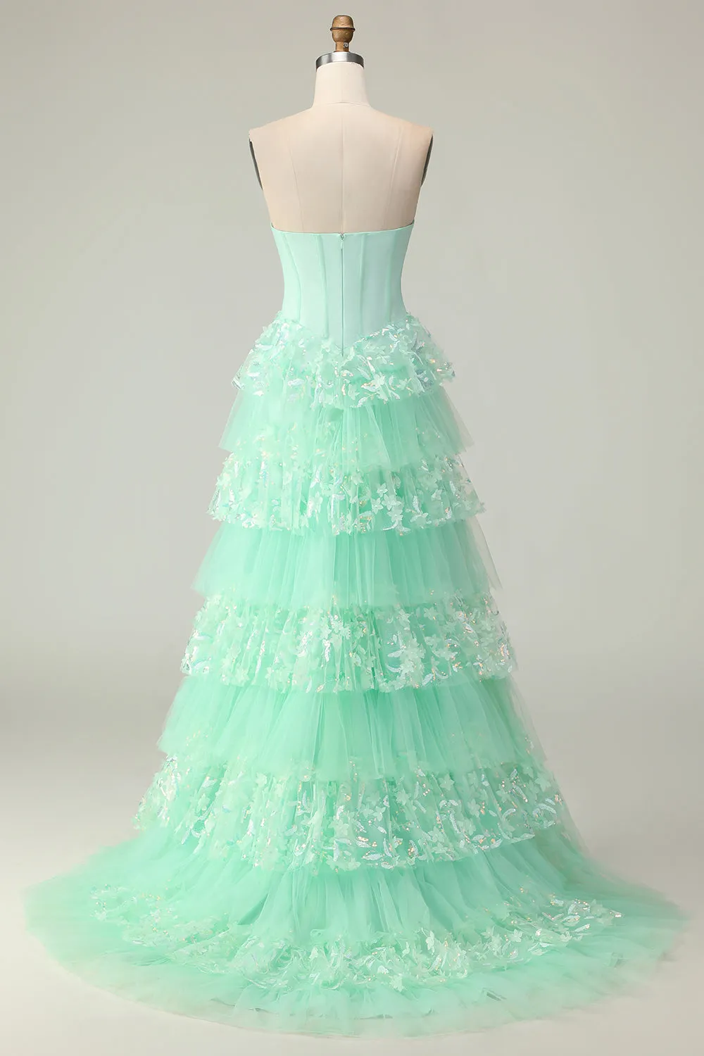 Green A Line Sweetheart Corset Tiered Ruffled Long Prom Dress with Sequins sold by Zapaka product image thumbnail 2