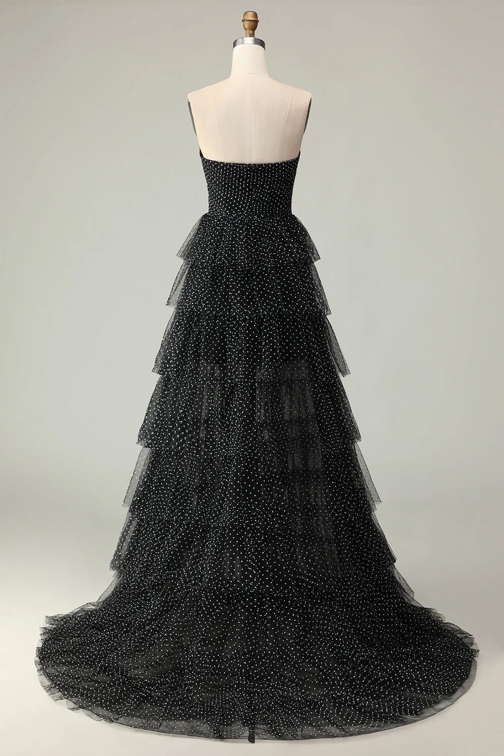 Black A Line Strapless Tiered Ruffle Polka Dots Long Prom Dress with Slit sold by Zapaka product image thumbnail 2