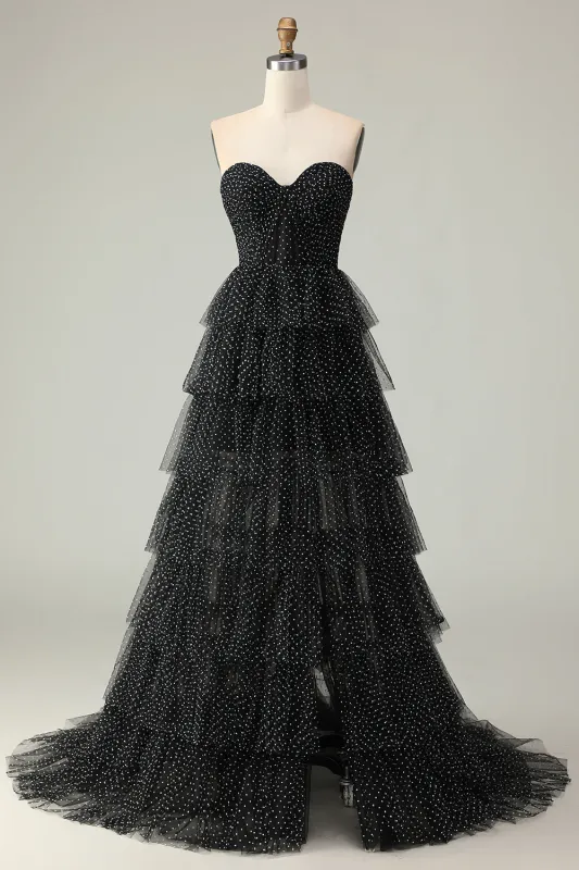 Black A Line Strapless Tiered Ruffle Polka Dots Long Prom Dress with Slit sold by Zapaka