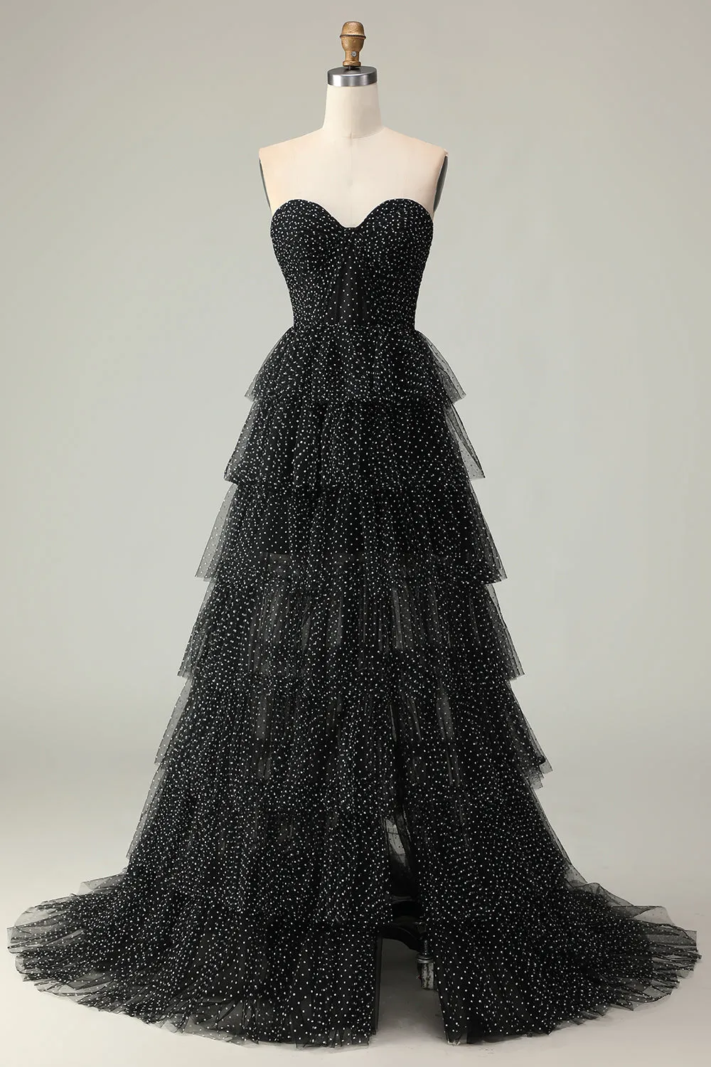 Black A Line Strapless Tiered Ruffle Polka Dots Long Prom Dress with Slit sold by Zapaka