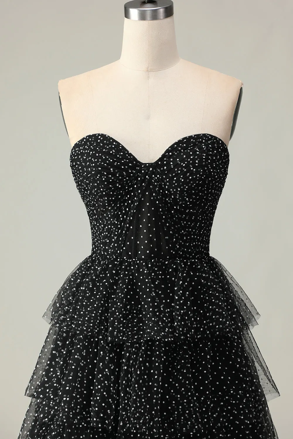 Black A Line Strapless Tiered Ruffle Polka Dots Long Prom Dress with Slit sold by Zapaka product image thumbnail 4