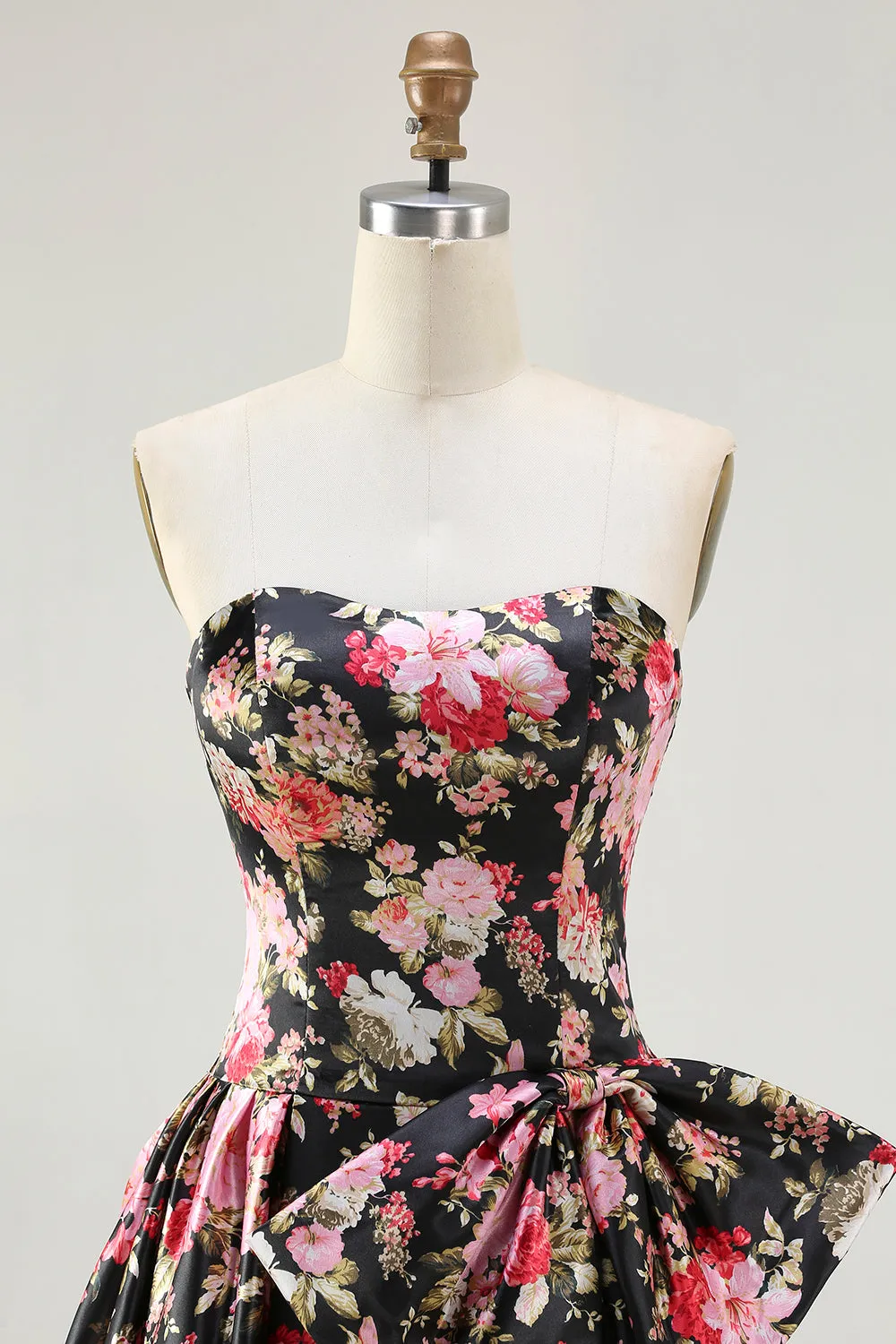 Black Pink Flower A Line Strapless Printed Long Prom Dress with Bow sold by Zapaka product image thumbnail 4