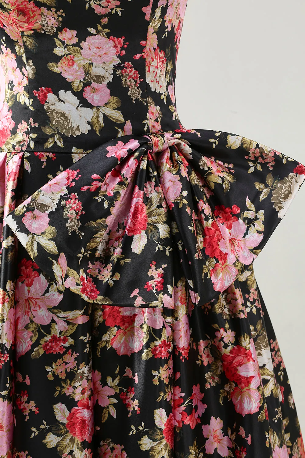 Black Pink Flower A Line Strapless Printed Long Prom Dress with Bow sold by Zapaka product image thumbnail 5