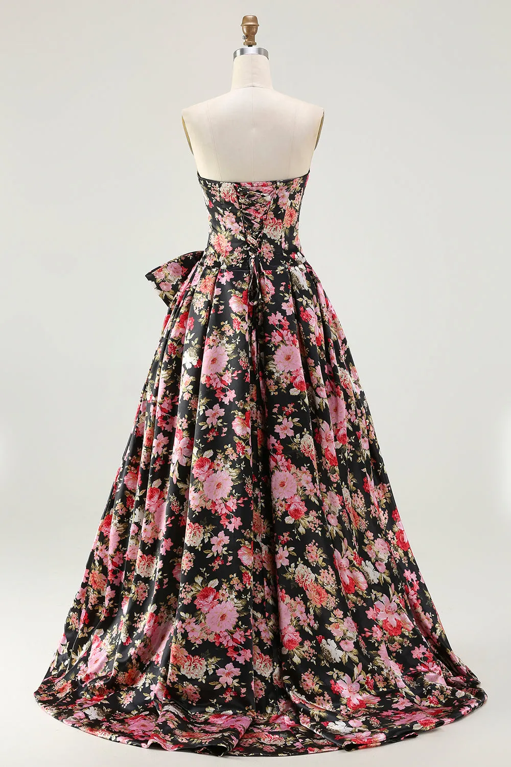 Black Pink Flower A Line Strapless Printed Long Prom Dress with Bow sold by Zapaka product image thumbnail 2