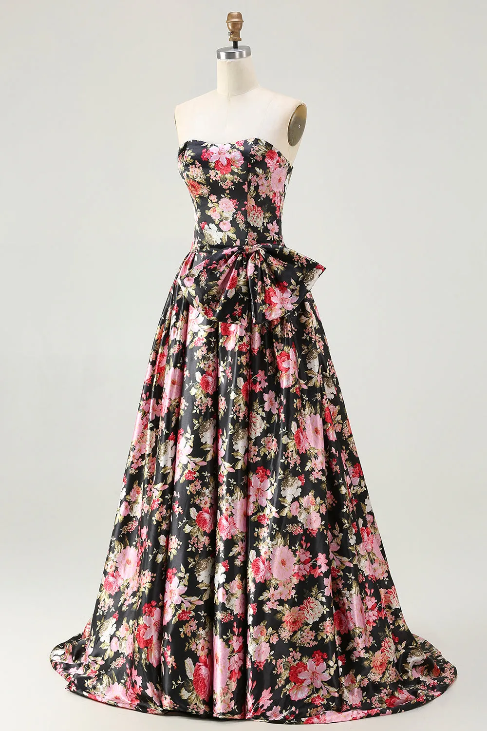 Black Pink Flower A Line Strapless Printed Long Prom Dress with Bow sold by Zapaka product image thumbnail 3