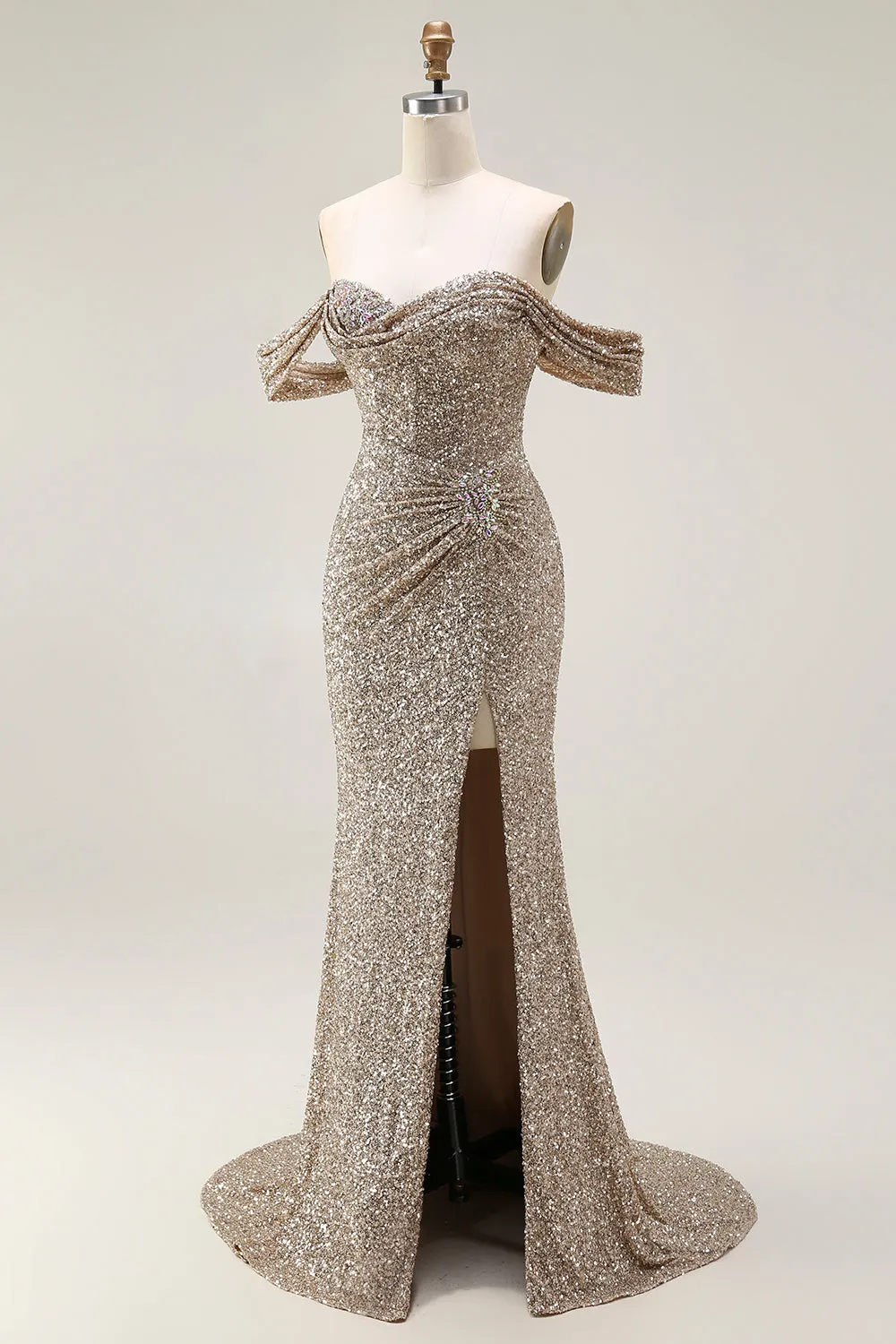Sparkly Champagne Off the Shoulder Mermaid Sequins Long Prom Dress with Slit sold by Zapaka product image thumbnail 3
