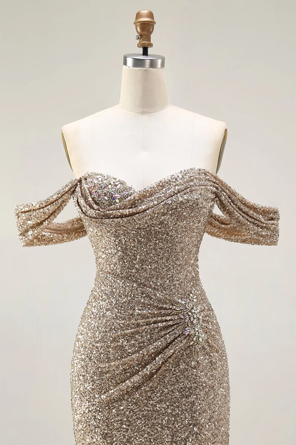 Sparkly Champagne Off the Shoulder Mermaid Sequins Long Prom Dress with Slit sold by Zapaka product image thumbnail 4