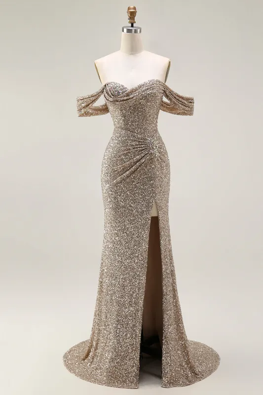 Sparkly Champagne Off the Shoulder Mermaid Sequins Long Prom Dress with Slit sold by Zapaka