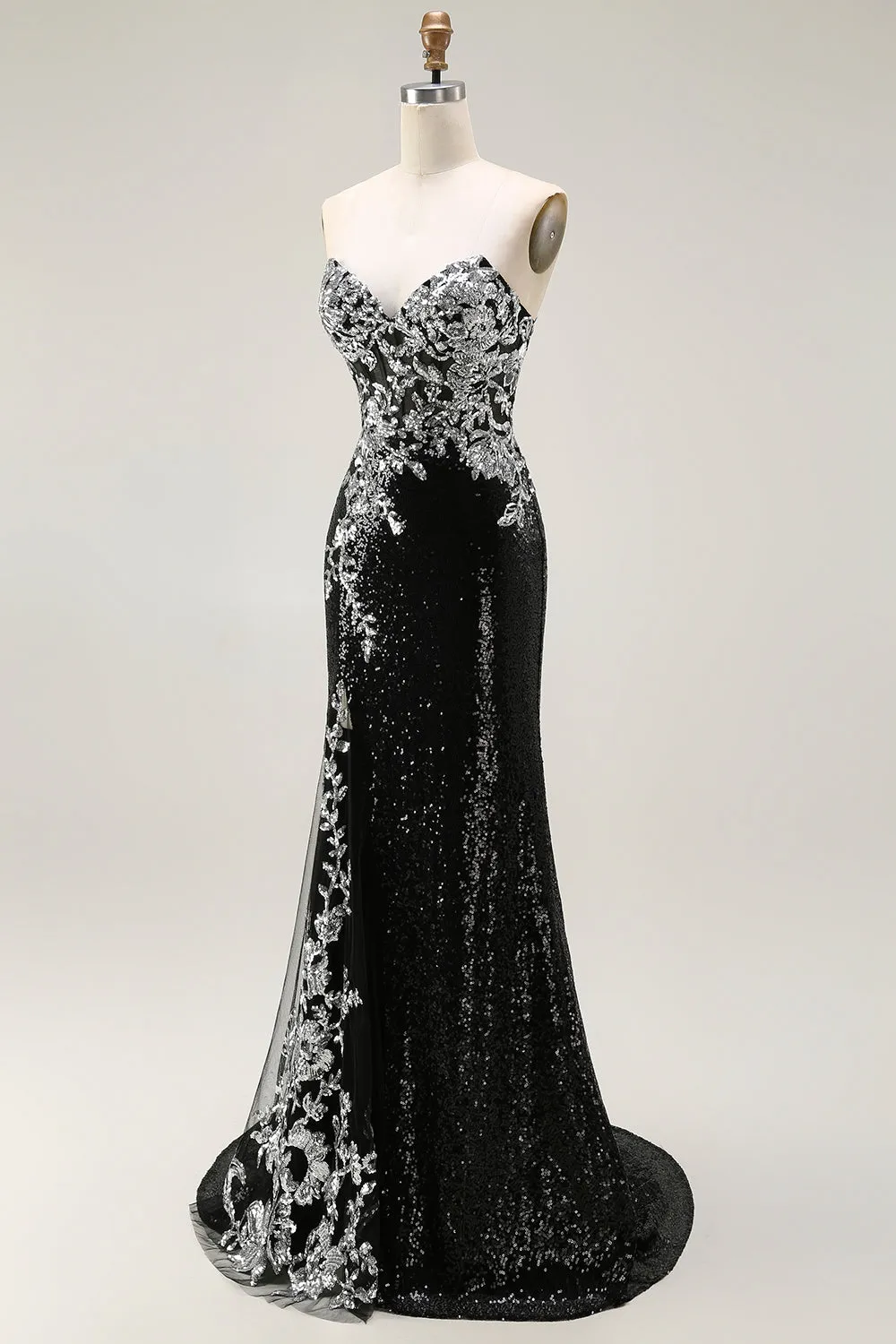 Sparkly Black Silver Mermaid Strapless Sequin Corset Strapless Long Prom Dress sold by Zapaka product image thumbnail 3