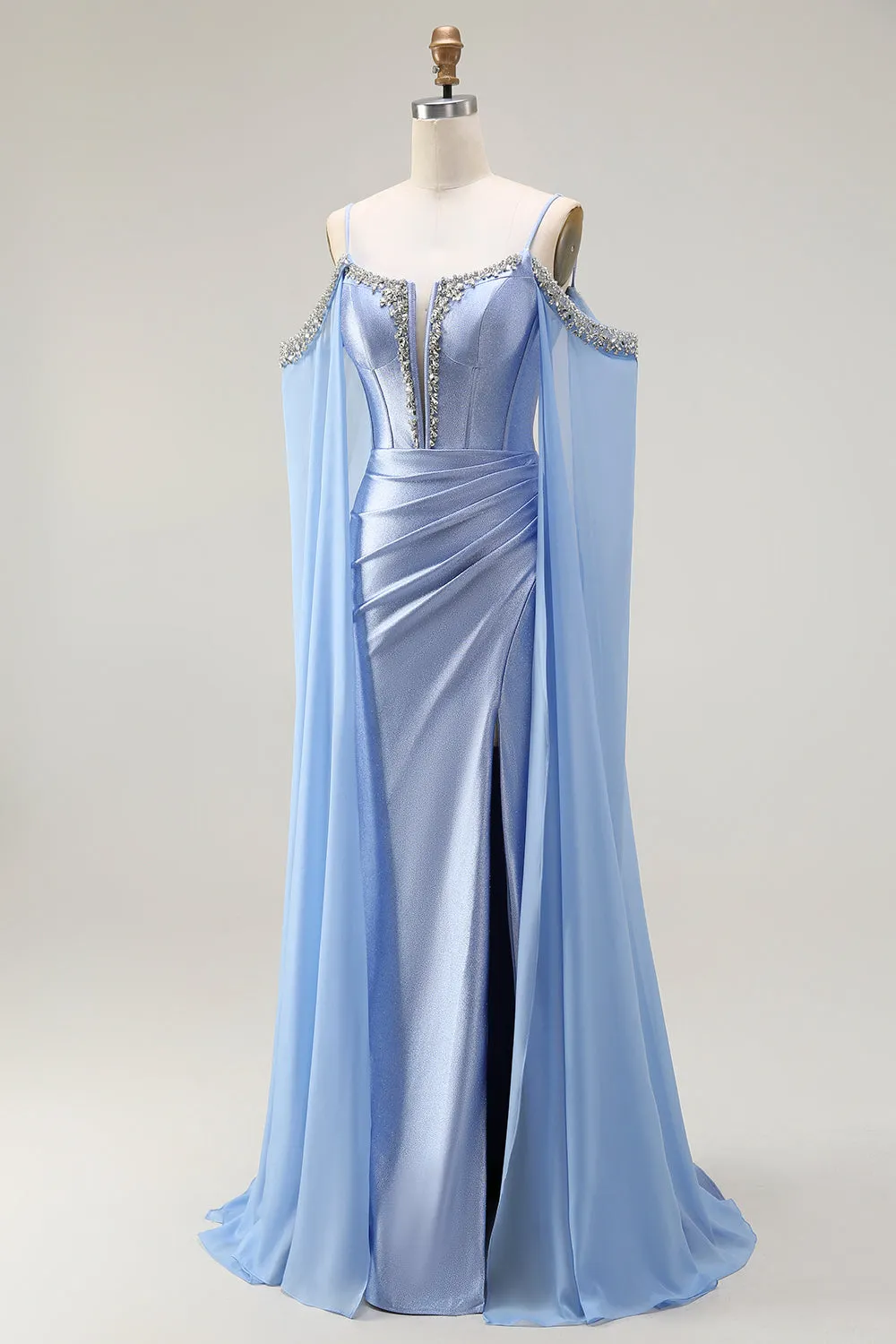 Blue Mermaid Cold Shoulder Beaded Convertible Corset Long Prom Dress with Cape Sleeves sold by Zapaka product image thumbnail 3