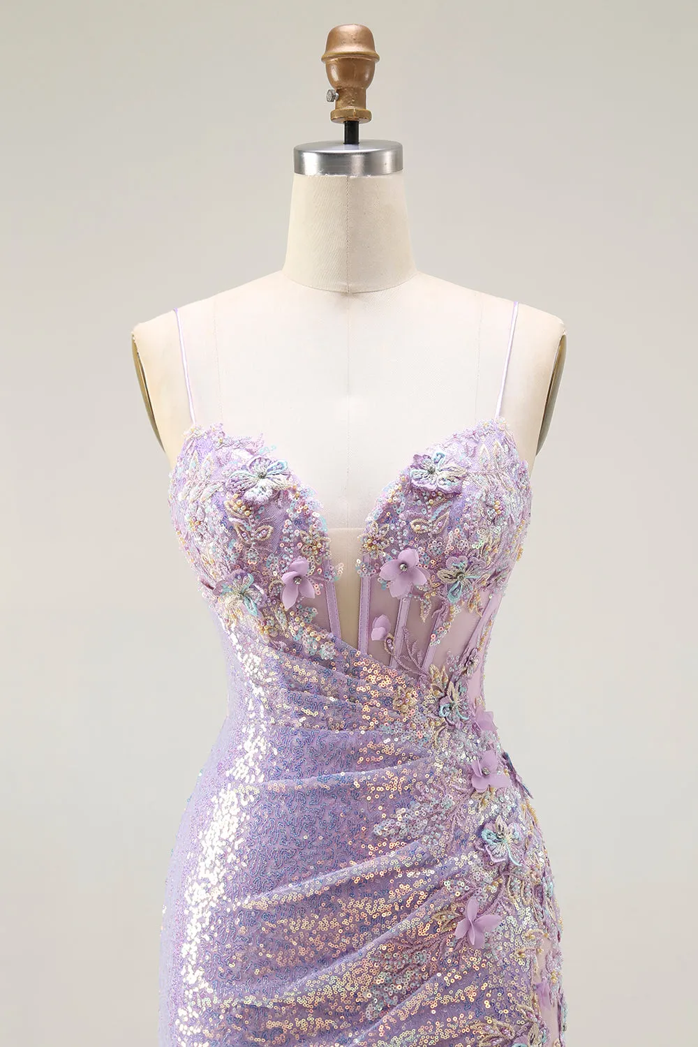 Sparkly Lilac Mermaid Corset Sequins Floral Appliqued Long Prom Dress with Slit sold by Zapaka product image thumbnail 4