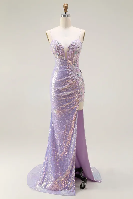 Sparkly Lilac Mermaid Corset Sequins Floral Appliqued Long Prom Dress with Slit sold by Zapaka