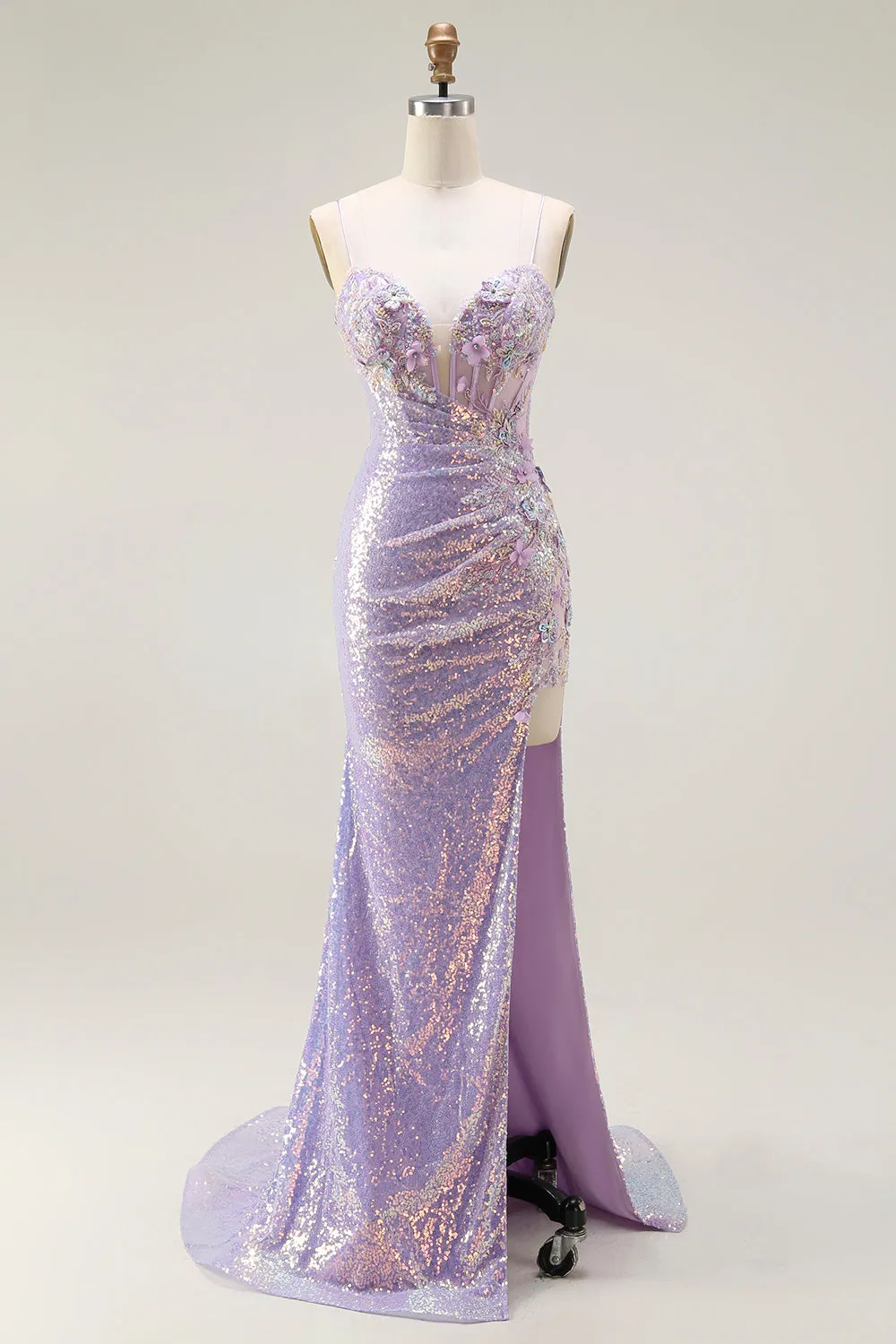 Sparkly Lilac Mermaid Corset Sequins Floral Appliqued Long Prom Dress with Slit sold by Zapaka
