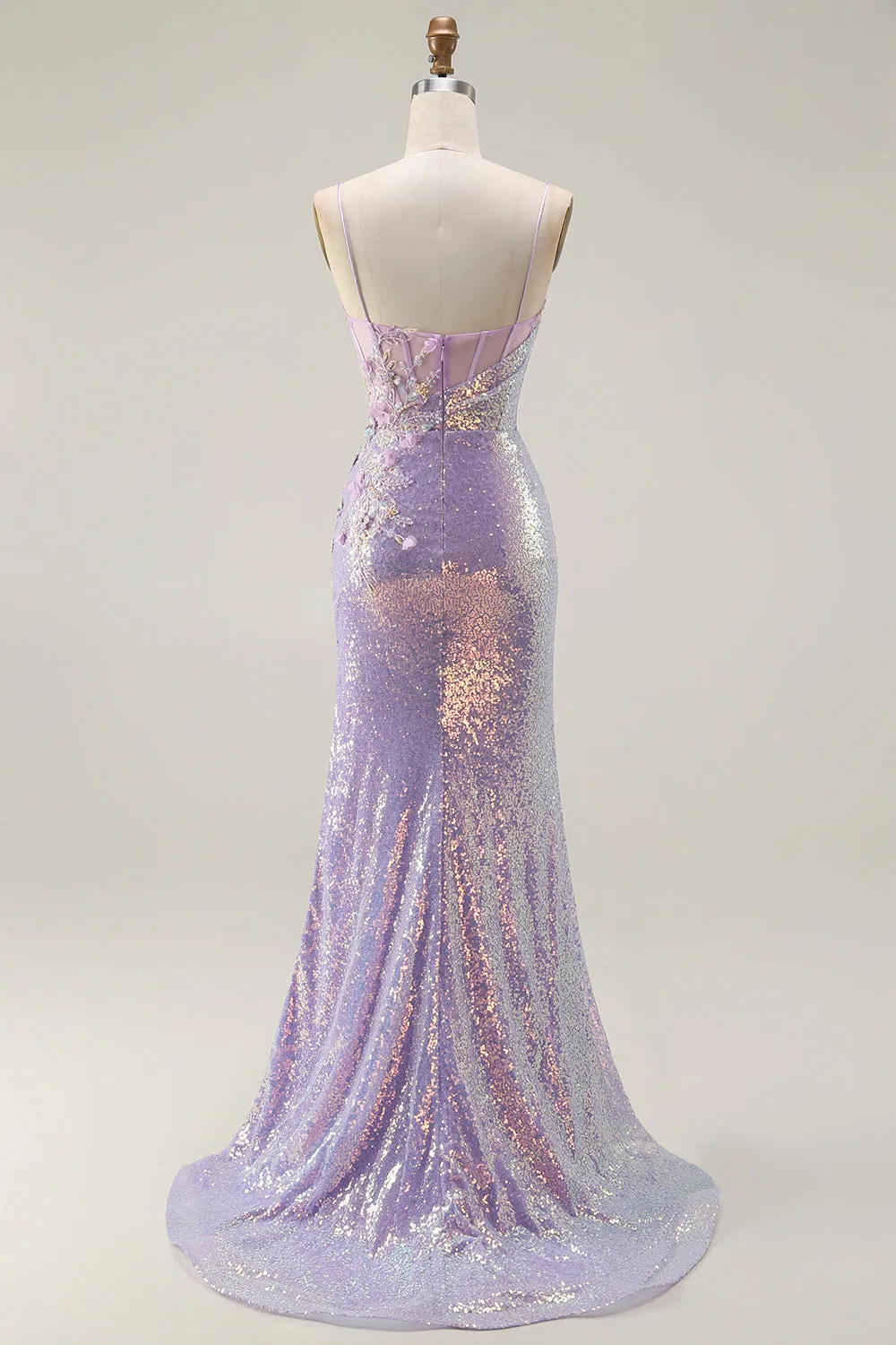 Sparkly Lilac Mermaid Corset Sequins Floral Appliqued Long Prom Dress with Slit sold by Zapaka product image thumbnail 2