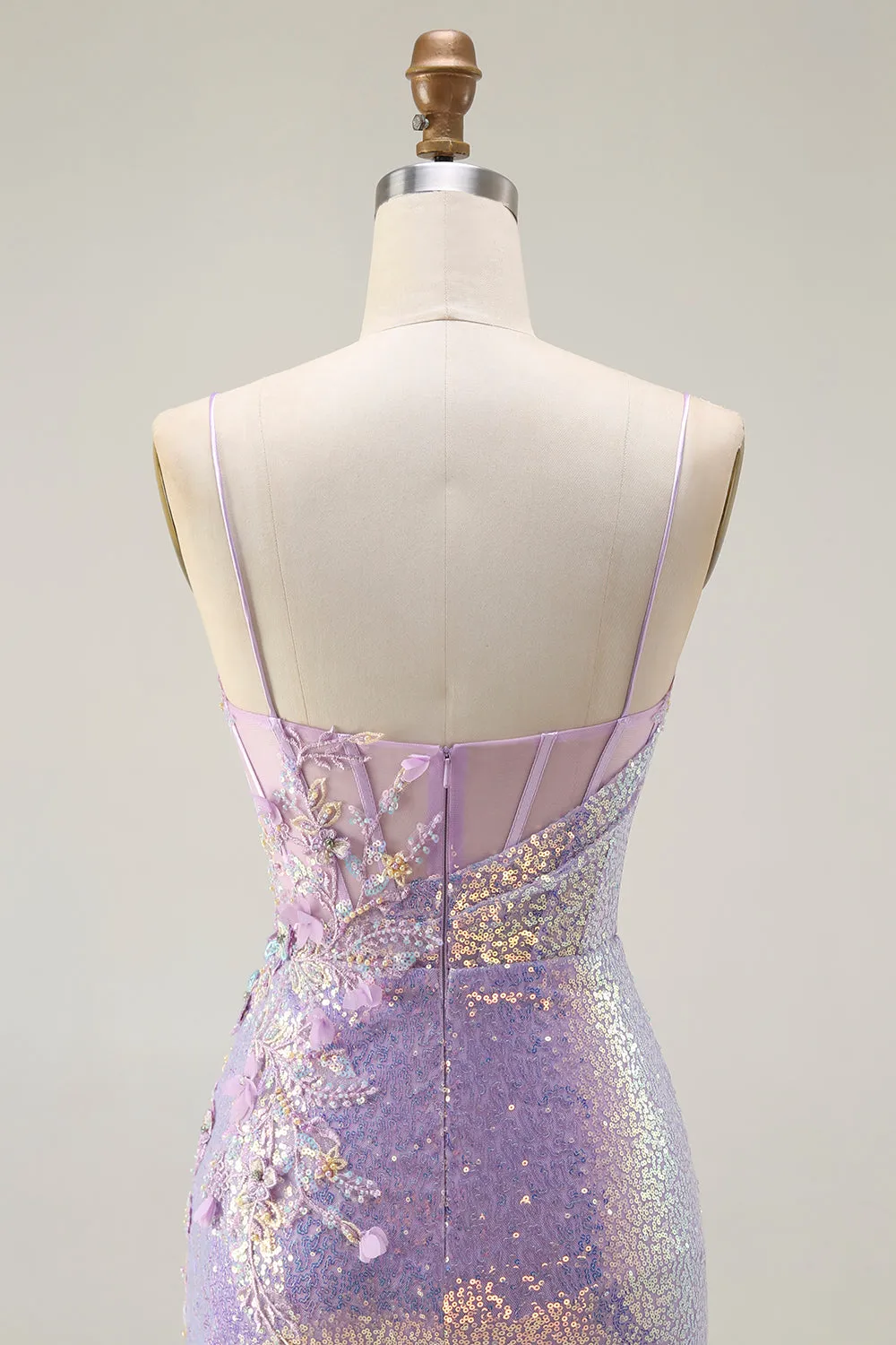 Sparkly Lilac Mermaid Corset Sequins Floral Appliqued Long Prom Dress with Slit sold by Zapaka product image thumbnail 5