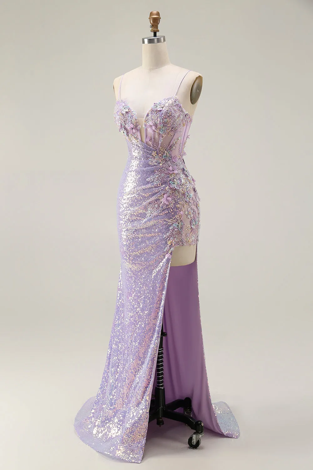 Sparkly Lilac Mermaid Corset Sequins Floral Appliqued Long Prom Dress with Slit sold by Zapaka product image thumbnail 3