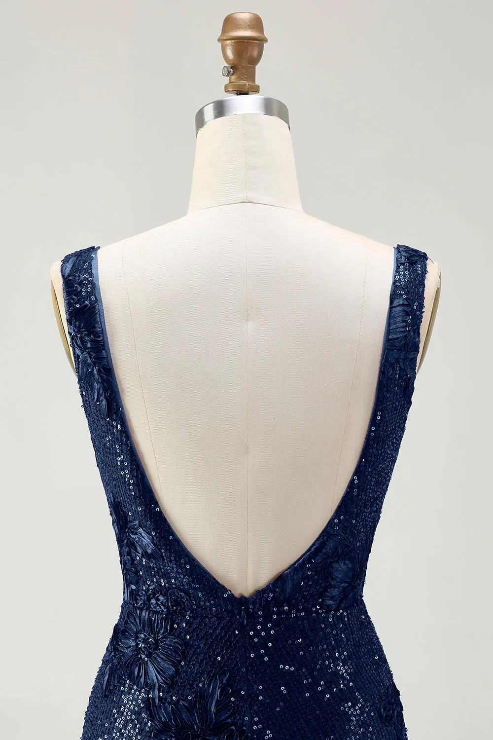 Sparkly Navy Mermaid Sequin V Neck Open Back Long Prom Dress with Slit sold by Zapaka product image thumbnail 5