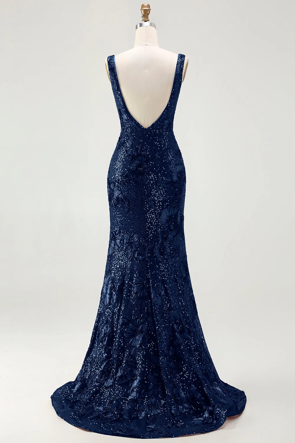 Sparkly Navy Mermaid Sequin V Neck Open Back Long Prom Dress with Slit sold by Zapaka product image thumbnail 2