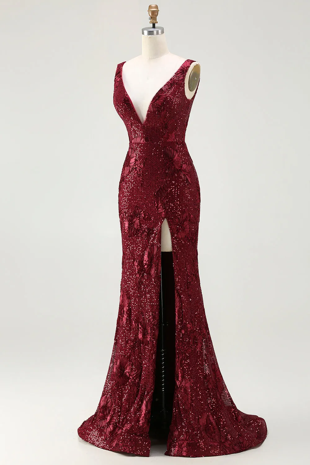 Sparkly Burgundy Mermaid Sequin V Neck Long Prom Dress with Slit sold by Zapaka product image thumbnail 3