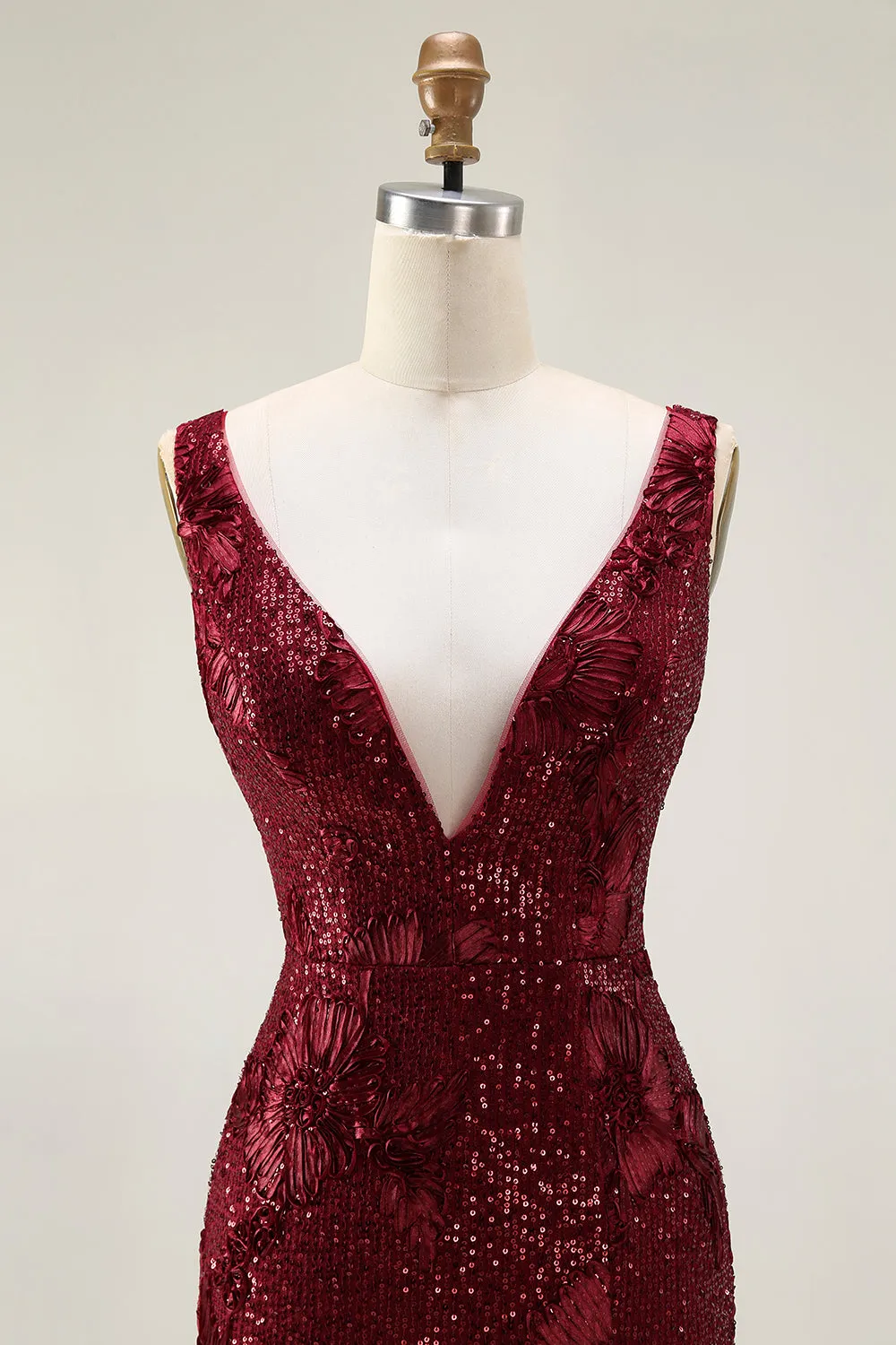 Sparkly Burgundy Mermaid Sequin V Neck Long Prom Dress with Slit sold by Zapaka product image thumbnail 4