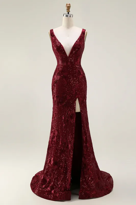 Sparkly Burgundy Mermaid Sequin V Neck Long Prom Dress with Slit sold by Zapaka