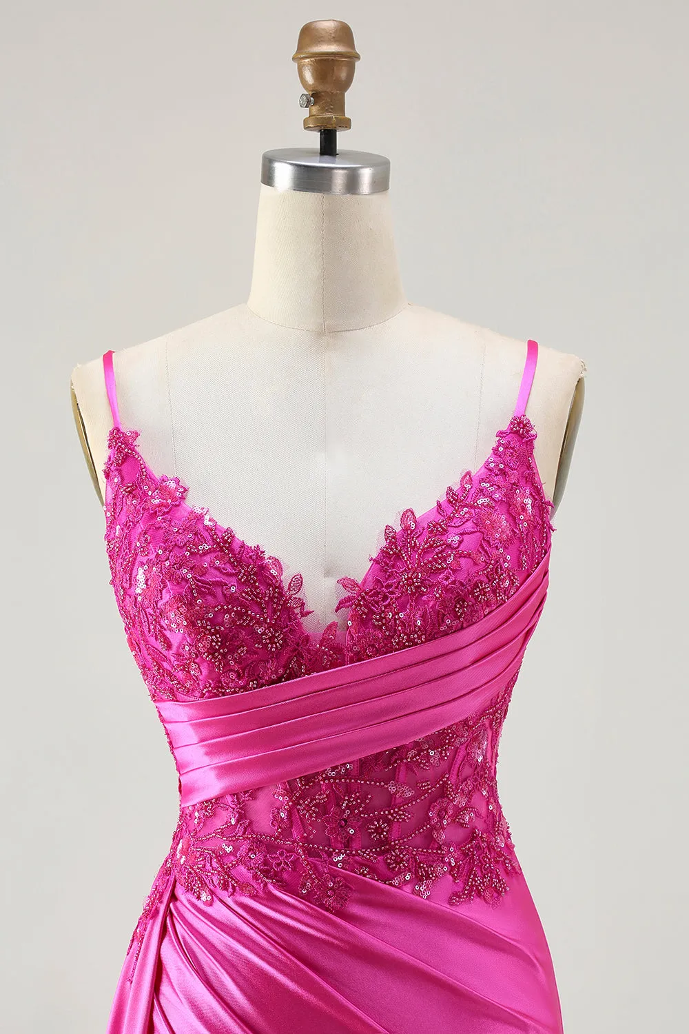 Fuchsia Mermaid Streamer Beaded Ruched Long Prom Dress with Slit sold by Zapaka product image thumbnail 4