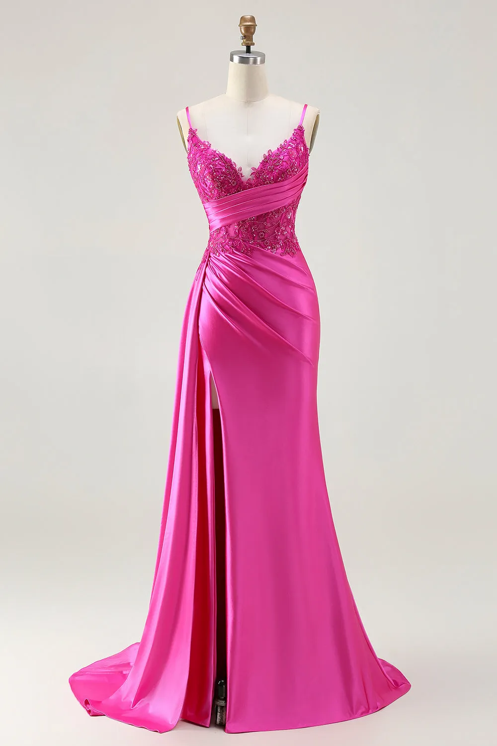 Fuchsia Mermaid Streamer Beaded Ruched Long Prom Dress with Slit sold by Zapaka