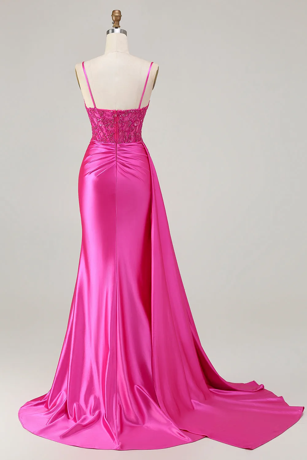 Fuchsia Mermaid Streamer Beaded Ruched Long Prom Dress with Slit sold by Zapaka product image thumbnail 2
