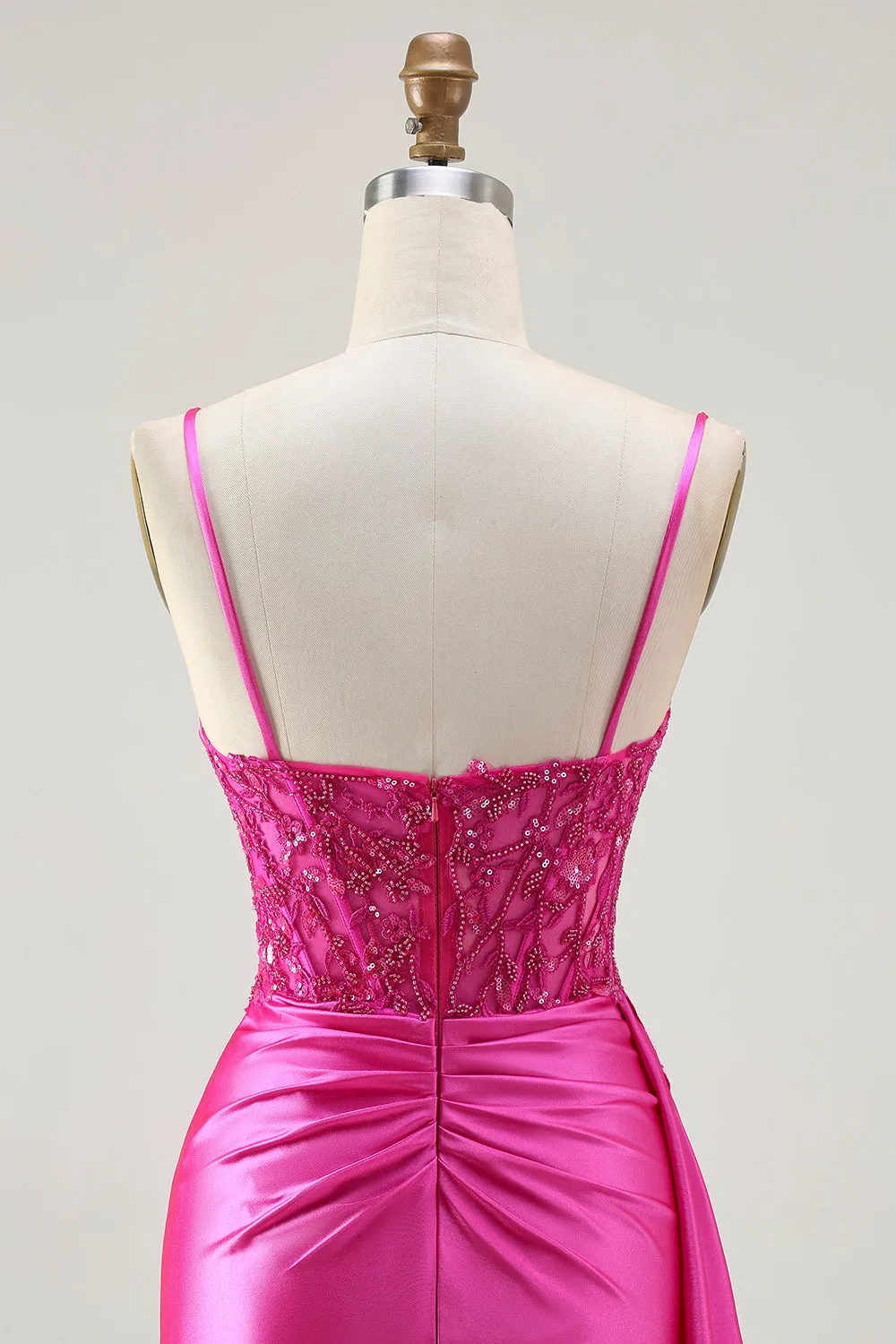 Fuchsia Mermaid Streamer Beaded Ruched Long Prom Dress with Slit sold by Zapaka product image thumbnail 5