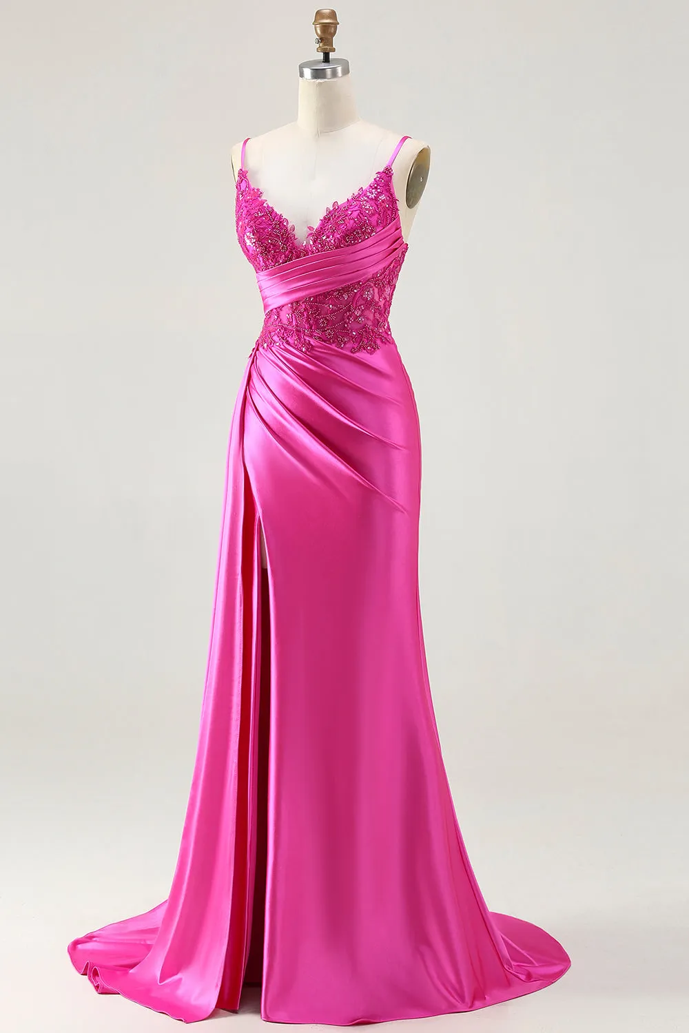 Fuchsia Mermaid Streamer Beaded Ruched Long Prom Dress with Slit sold by Zapaka product image thumbnail 3