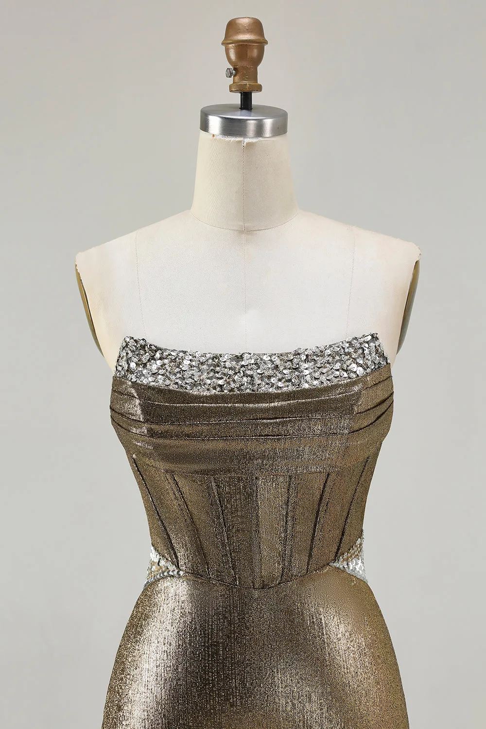 Metallic Dark Golden Beaded Corset Strapless Long Prom Dress sold by Zapaka product image thumbnail 4