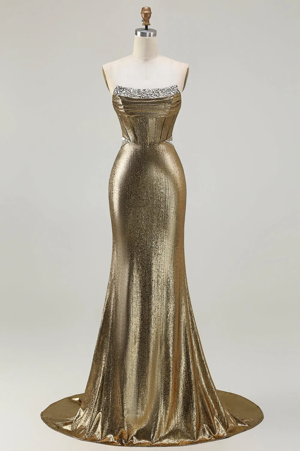 Metallic Dark Golden Beaded Corset Strapless Long Prom Dress sold by Zapaka