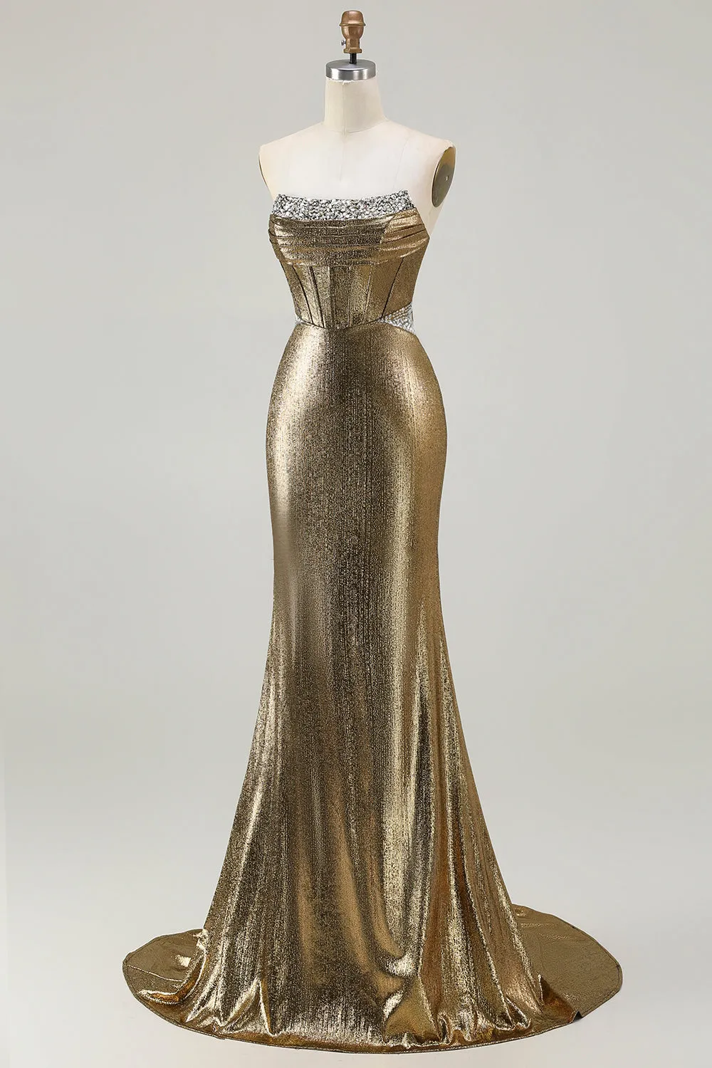 Metallic Dark Golden Beaded Corset Strapless Long Prom Dress sold by Zapaka product image thumbnail 3